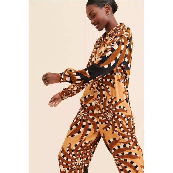 Farm Rio Mixed Banana Long‎ Sleeve Jumpsuit Sz Large Artsy Earthy Tones Designer